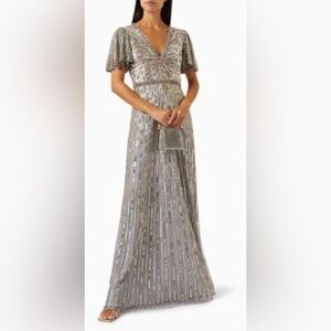 MAC DUGGAL Sequin V-Neck Flutter Sleeve Platinum Column Gown Formal NWT Size 10